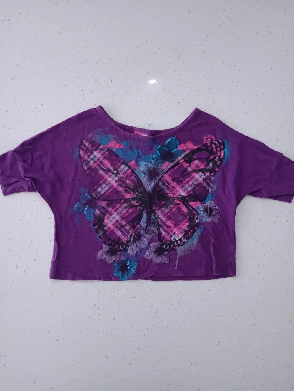 Girls' Purple Butterfly Top And Plaid Skirt Black Leggings Outfit Set Size S 7/8